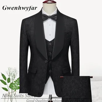 Gwenhwyfar 2023 החדש עוצב שחור Jacqaurd גברים החליפות לכלול מעיל האפוד ואת המכנסיים עבודת יד, פרחוני דפוס תחפושת Homme ללבוש.
