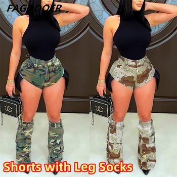 FAGADOER אופנה הסוואה קצרים Y2K רחוב מכנסיים עם רגל גרביים נשים כיסים טלאים כפתור סקסי מכנסי הסוואה הקיץ 2023
