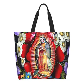 גבירתנו של גואדלופה קניות בשקית בד כתף תיק מקסיקני מרי הבתולה מקסיקו פרחים Tilma מכולת קניות שקיות