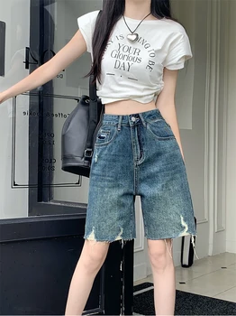 סגנון קוריאני נקרע חור נשים מכנסי ג ' ינס קצרים בקיץ רופף פשוט כל-התאמה במצוקה ישר למשרד בנות חצי אורך המכנסיים