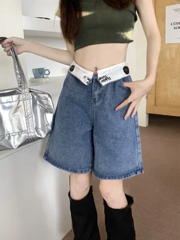 נשים וינטאג 'בנול רחב רגל סרבל מכנסיים קצרים בקיץ רחוב חדש לשני המינים סגנון נשי משוחרר עיצוב ישר באורך הברך ג' ינס