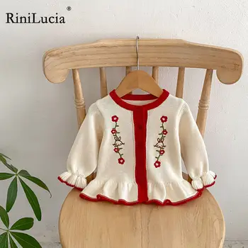 RiniLucia סתיו חורף בגדי תינוקות רקמה פרחונית קפלים בנות סוודר לתינוק סרוג בגדי ילדים קרדיגן מעיל