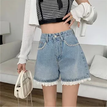סגנון קוריאני גבוהה המותניים ואגלי קצר ג 'ינס בקיץ מכנסיים קצרים לנשים Zevity של נשים לשלב תחרה, מכנסי ג' ינס Y2k אופנת רחוב בגדים