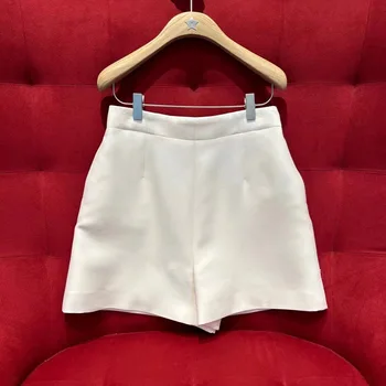 2023 נשים איכותי חדש כותנה מכנס לבן צרפתי אלגנטי חתך גבוה waisted מכנסיים קצרים רוכסן נשים