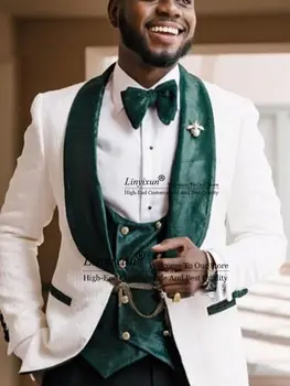 אופנה לבנה אקארד Mens חליפות קטיפה ירוק הז ' קט החתונה החתן חליפות 3 חלקים סט זכר הנשף בלייזר Terno Masculino