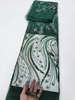 (5yards/pc) כבדים רקומים אפריקה חרוזים פאייטים נטו תחרה ירוקה טול תחרה בד באיכות גבוהה עבור שמלת מסיבת FYY147