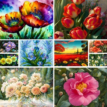 פרחים Tuilp פופי אדמונית DIY צבע על ידי מספרים ערכה מלאה בצבעי אקריליק 40*50 ציור שמן קישוט הבית מלאכת יד למבוגרים