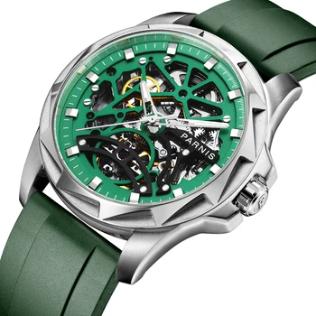 אופנה חדשה Parnis 43mm של אנשים ירוקים השעון ספיר קריסטל רצועת גומי אוטומטי מכני עמיד למים איש שעונים רלו גבר