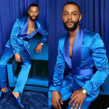 2021 אופנה איטלקי כסף חליפות גברים סאטן Slim Fit כחול רויאל מבריק החתן נשף שמלת טוקסידו מותאם בלייזר מכנסיים להגדיר