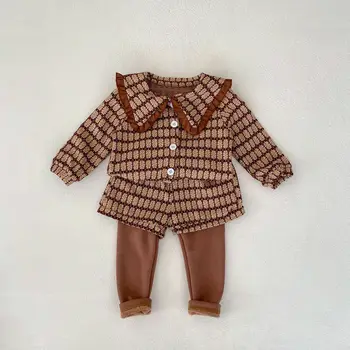 תינוק בגדי בנות סטים 2023 סתיו הפעוט סוודר החליפה דש צווארון סוודר מעיל+מכנסיים קטיפה אופנה בנות שני חלקים סט