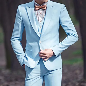 אופנה חדשה שמיים כחולים גברים חליפות חתונה כפתור אחד קלאסי אנשי עסקים חליפות 3 חלקים (ז ' קט+מכנסיים+וסט) De Trajes גבר