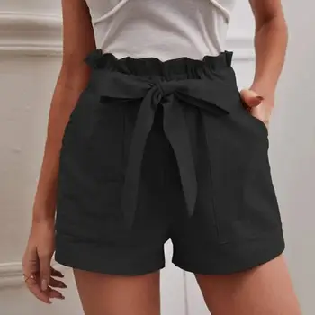 נשים מכנסיים קצרים גבוהה אלסטי המותניים Shirring קשת תפאורה מוצק צבע כיסים חופשי מזדמן ישר מעל הברך אורך בקיץ מכנסיים קצרים