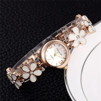 למעלה מותג האופנה נשים שעונים קטנים פשוטים מתכת עגול חיוג קוורץ שעון אלגנטי פרח צמיד גבירותיי שעון relogio feminino