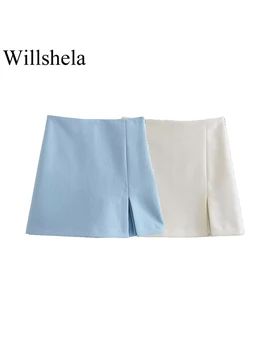 Willshela נשים אופנה מוצק בצד שסף רוכסן מכנסיים קצרים חצאיות מיני בציר גבוהה המותניים נשי אופנתי ליידי קצרים.