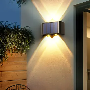 חיצונית סולארית מנורת קיר 4LED אור חמים עמיד למים למעלה ולמטה זוהר תאורה למרפסת בחצר גינה מרפסת קישוט אורות