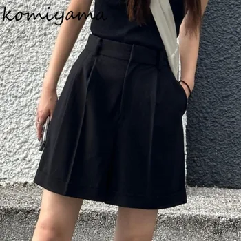 Komiyama גבוה מותן קפלים נשים מכנסיים קצרים 2023 סתיו חדשה רחב הרגל חם המכנסיים יפן שעורה קצרה פאטאל חופשי מזדמן יוקרתי Mujer