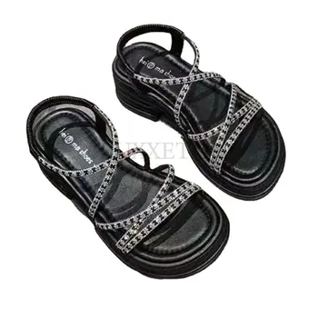 העקב סנדלי קיץ נוח נעלי נשים נעלי טריז מלא שילוב ים תיכוני מוגברת מאפין נעלי פלטפורמה שחור