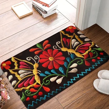 סיגנון מקסיקני אמבטיה החלקה לשטיח פרפרים, פרח אדום השינה, שטיח ברוכים הבאים שטיחון רצפה קישוט השטיח