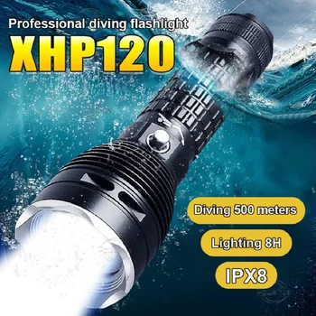 500m צלילה פנס סופר חזק מקצועי צלילה לפיד מתח גבוה XHP120LED תאורה מתחת למים מנורה עמיד למים פנס