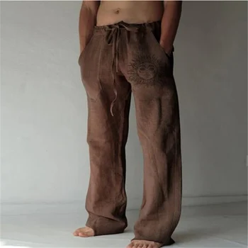 גברים מזדמנים מכנסיים טרנינג השמש פרח הדפסה באורך מלא המכנסיים בכיס שרוך מכנסי פשתן גברים