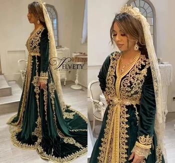 מרוקאי Kaftan המוסלמים שמלות ערב קו A V-צוואר שרוולים ארוכים קטיפה אפליקציות דובאי ערבית טורקיה Abaya האסלאמית שמלת