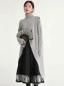 2022 החורף החדש חוש עיצוב גבוהה פיצול לסרוג הסוודר של נשים משוחרר קוריאנית-High-end טמפרמנט אופנה פשוטה אמצע אורך סוודר