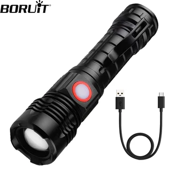 BORUiT סופר מבריק LED פנס נטענת USB זום P50 לפיד חיצוני עמיד למים חירום פנס קמפינג