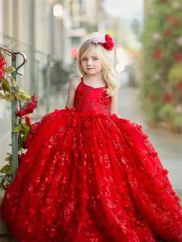 פרח ילדה שמלת פאייטים אדום שמלת נשף טול מעולה לחגוג לילדים יום הולדת ללא שרוולים באורך רצפת אפליקציה תחרה שמלת נסיכה