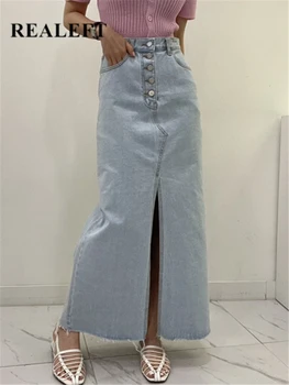 REALEFT אביב קיץ לפני פיצול של נשים ג 'ינס ארוך, לעטוף חצאיות 2023 חדש גבוהה המותניים כפתורים כחול ג' ינס מקרית חצאיות נקבה