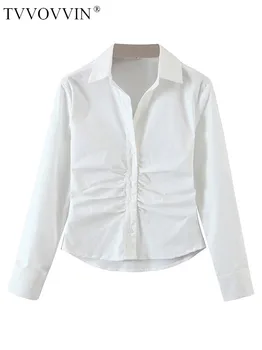 TVVOVVIN רזה עם חולצה לבנה בפנים לנשים האביב חדש אופנתי גומי קפלים דש אחת עם חזה עליון 9UGV