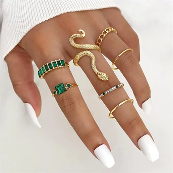 FNIO יוקרה ריבוע ירוק קריסטל הנחש צורת הטבעת להגדיר עבור נשים אופנה פרפר לב גיאומטרי טבעות חתונה תכשיטי אצבע