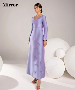 מראה השמלה האלגנטית מתוק הצווארון המרובע החגורה ארוכת שרוולים רשמית אירוע כדור שמלה לנשף ערב צד שמלות