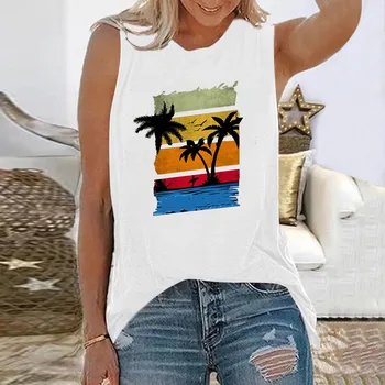 Seeyoushy החוף קוקוס הדפסה מזדמן חג המובילים לנשים 2023 קיץ חדש ללא שרוולים של נשים חולצה מגמה Y2K אסתטי בגדים