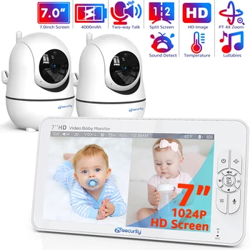 7.0 אינץ ' צג תינוק וידאו HD מסך מפוצל עם 2 מצלמות Pan Tilt 4X זום 2 Way אודיו ראיית לילה אין WiFi סוללה 4000mAh