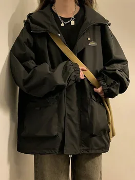 יפנית Harajuku מעיל הרוח נשים סתיו ארוך שרוול רוכסן מעיל עם ברדס נקבה קוריאני אופנה וינטג ' מזדמן הלבשה עליונה